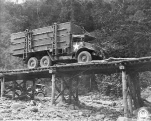 A lorry loaded with pontoons arrives at the site of the 1,100ft floating bailey bridge over the Chindwin River, built after the capture of Kalewa,  1944.